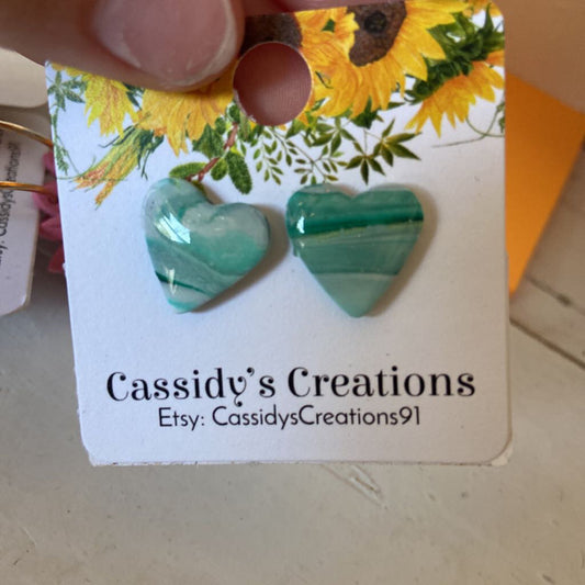 Green Marbled Heart Studs